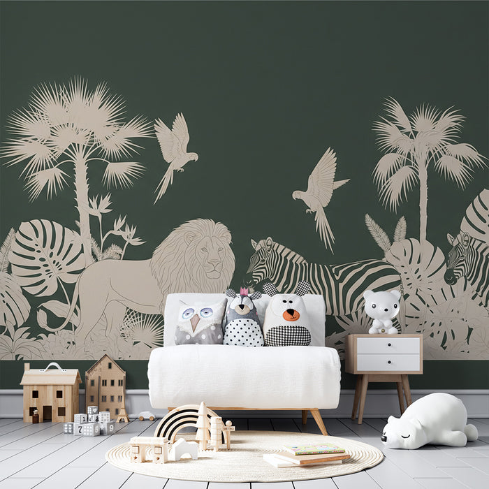 Gyermekszoba tapéta | Egzotikus szafari oroszlánnal és zebrákkal