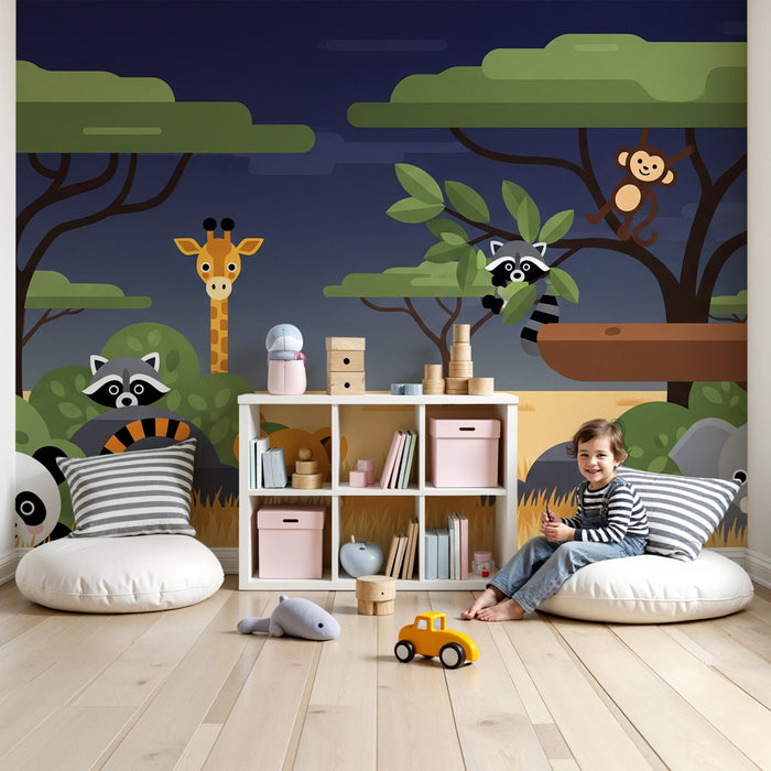 Papier peint chambre enfant | Safari ludique avec des animaux mignons