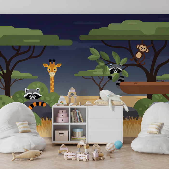 Papier peint chambre enfant | Safari ludique avec des animaux mignons