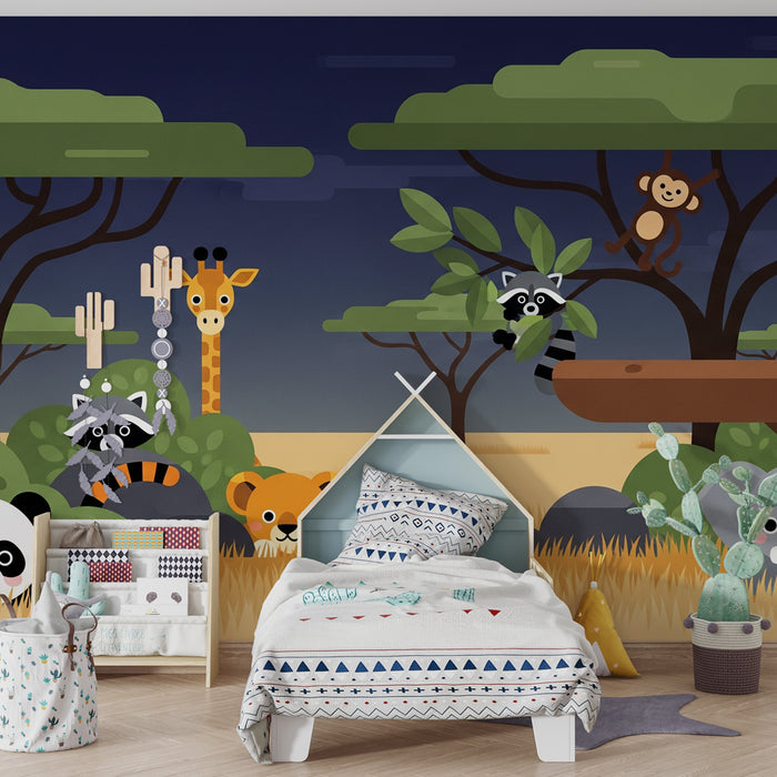 Papier peint chambre enfant | Safari ludique avec des animaux mignons