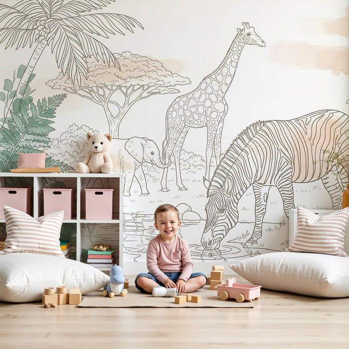 Papier peint chambre enfant | Safari magique avec animaux de la savane