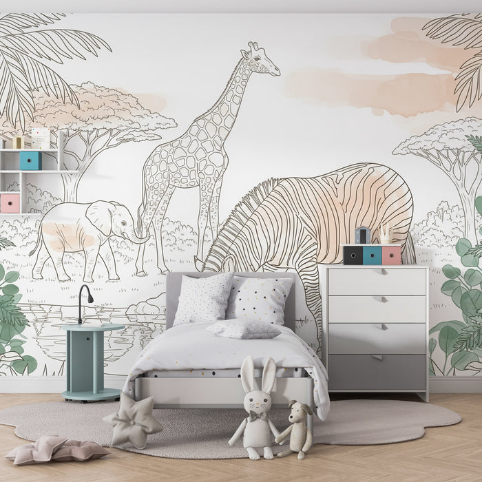 Papier peint chambre enfant | Safari magique avec animaux de la savane