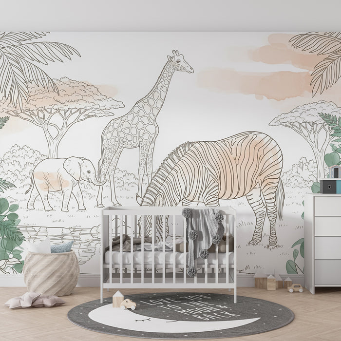 Papier peint chambre enfant | Safari magique avec animaux de la savane