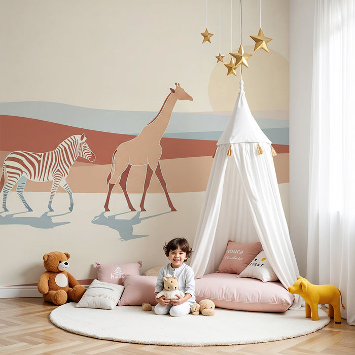 Tapety dla dzieci | Minimalistyczna safari z żyrafą, zebrą i lwiątkiem