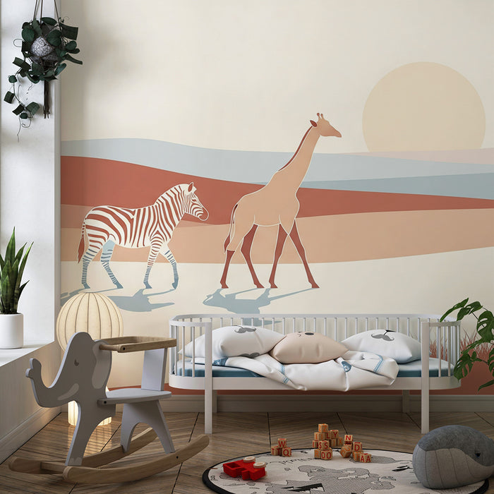 Tapety dla dzieci | Minimalistyczna safari z żyrafą, zebrą i lwiątkiem