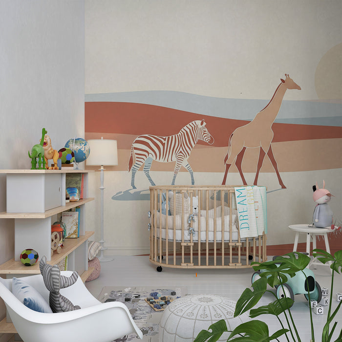 Tapety dla dzieci | Minimalistyczna safari z żyrafą, zebrą i lwiątkiem