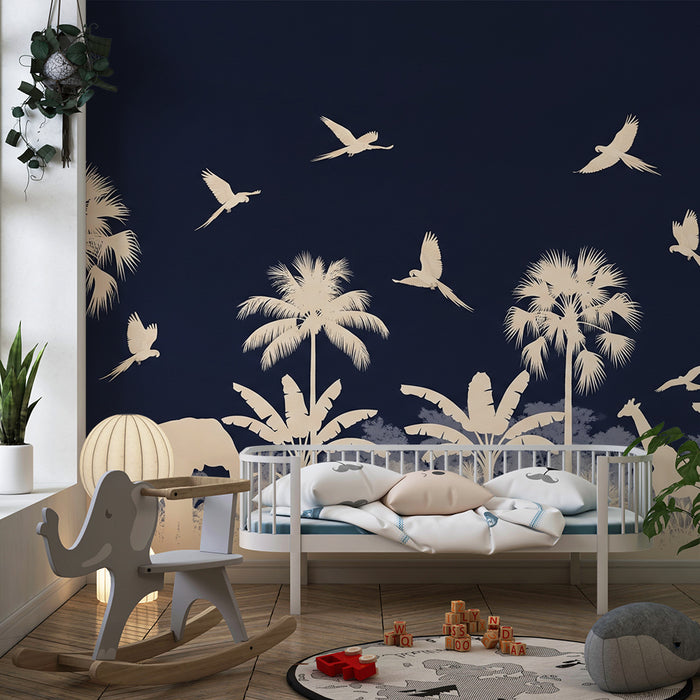 Gyermekszoba tapéta | Éjszakai szafari elefánttal és zsiráfal