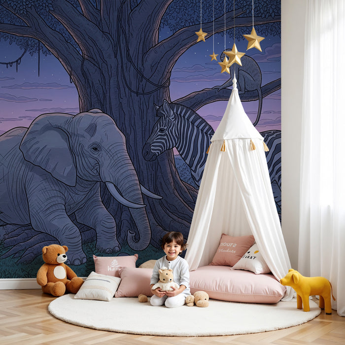 Papier peint chambre enfant | Safari nocturne avec éléphant, zèbre et singe
