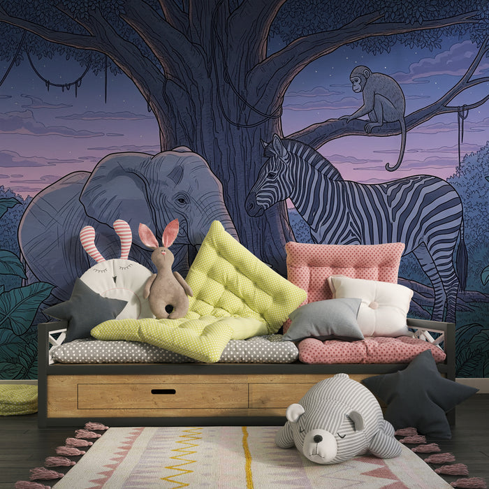 Papier peint chambre enfant | Safari nocturne avec éléphant, zèbre et singe