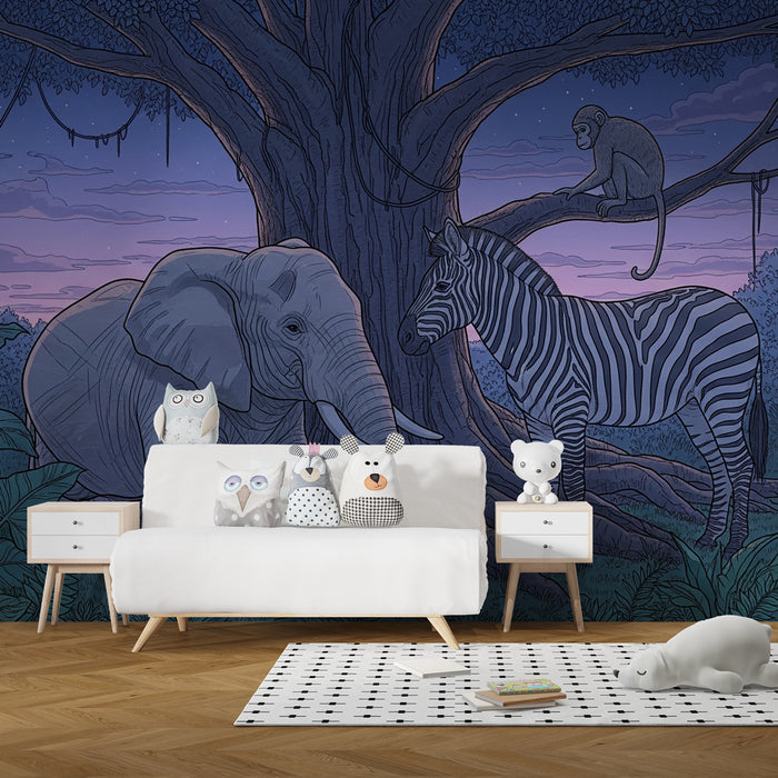 Papier peint chambre enfant | Safari nocturne avec éléphant, zèbre et singe