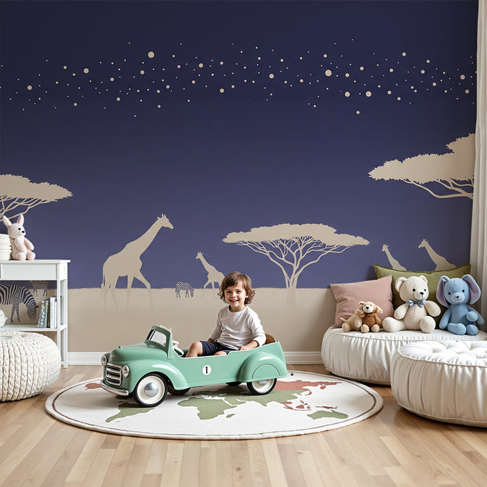 Papier peint chambre enfant | Safari nocturne avec girafes et zèbres