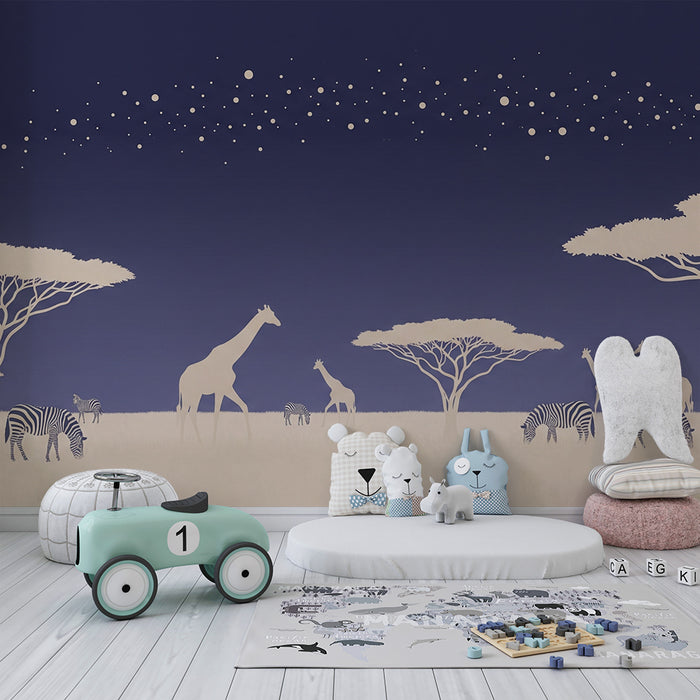 Papier peint chambre enfant | Safari nocturne avec girafes et zèbres
