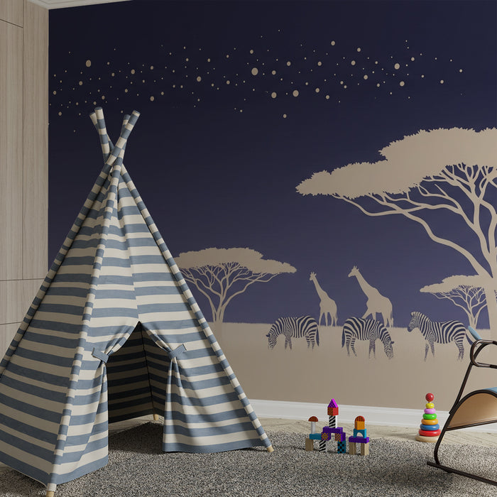 Papier peint chambre enfant | Safari nocturne avec girafes et zèbres