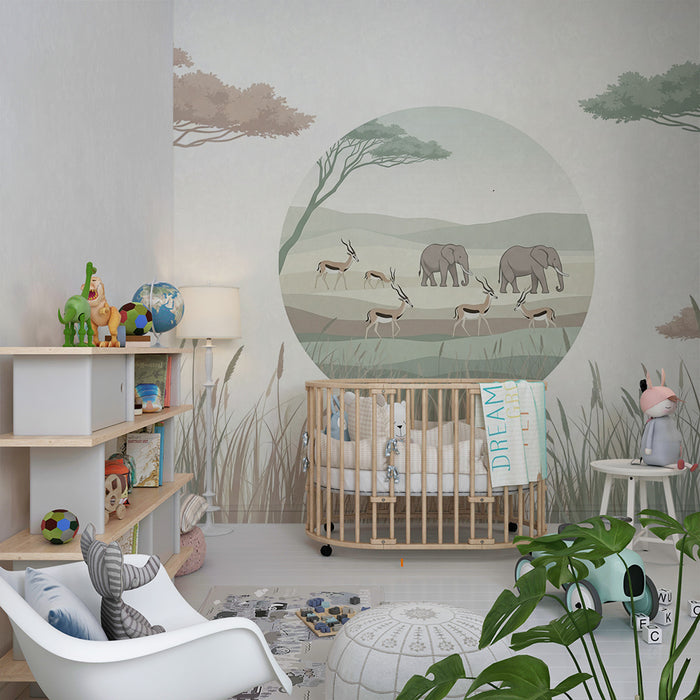 Gyermekszoba tapéta | Nyugodt szafari elefántokkal és antilopokkal