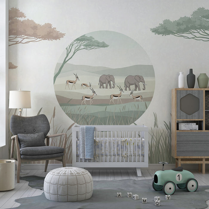 Gyermekszoba tapéta | Nyugodt szafari elefántokkal és antilopokkal