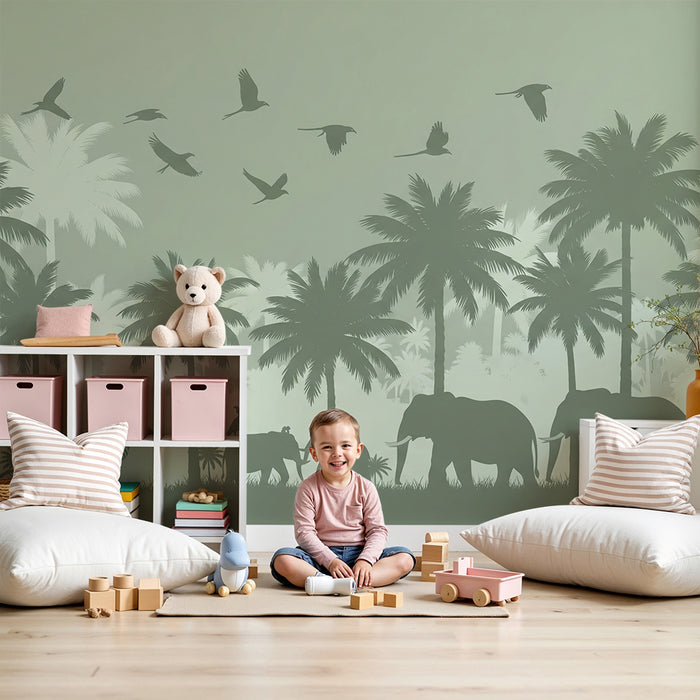 Børneværelse tapet | Fredelig safari med elefanter og zebraer