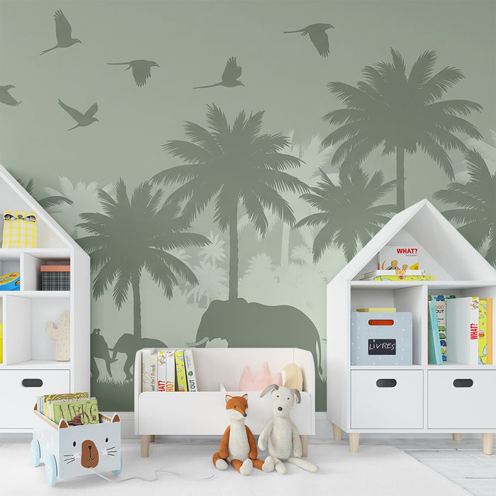 Børneværelse tapet | Fredelig safari med elefanter og zebraer