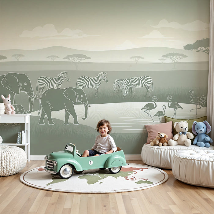 Χαρτί τοίχου παιδικό δωμάτιο | Ήσυχη σαβάνα με ελέφαντες και ζέβρες