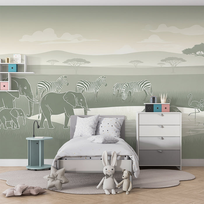 Χαρτί τοίχου παιδικό δωμάτιο | Ήσυχη σαβάνα με ελέφαντες και ζέβρες