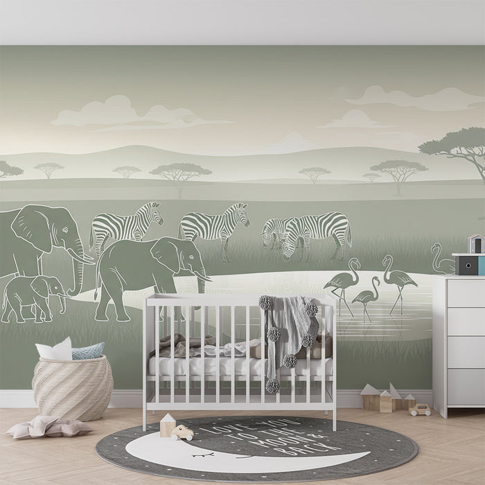 Χαρτί τοίχου παιδικό δωμάτιο | Ήσυχη σαβάνα με ελέφαντες και ζέβρες