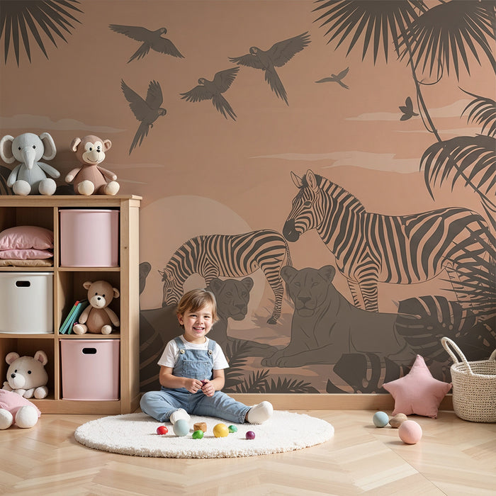 Gyermekszoba tapéta | Vad szafari oroszlánokkal és zebrákkal trópusi dzsungelben