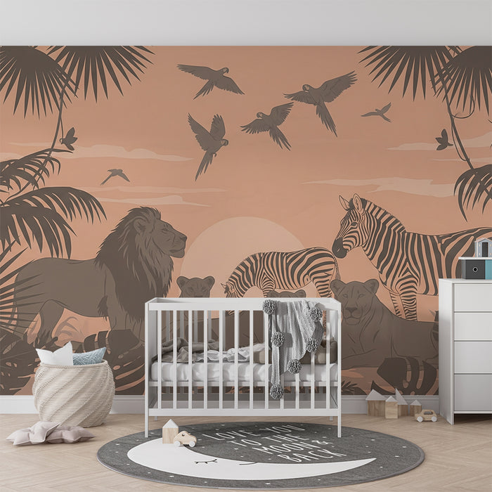 Gyermekszoba tapéta | Vad szafari oroszlánokkal és zebrákkal trópusi dzsungelben