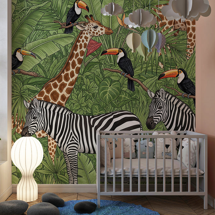 Papier de parede otroška soba | Zelo pisano safari z džungelskimi živalmi
