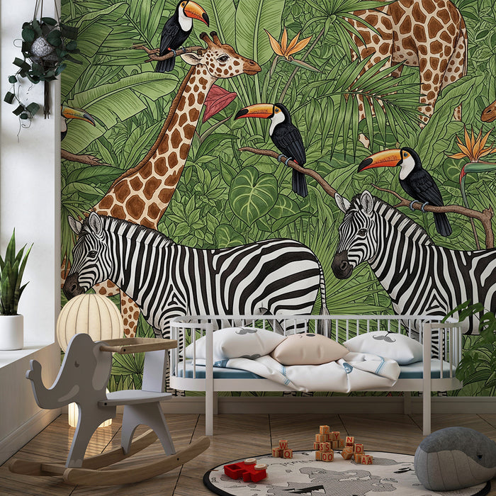 Papier de parede otroška soba | Zelo pisano safari z džungelskimi živalmi