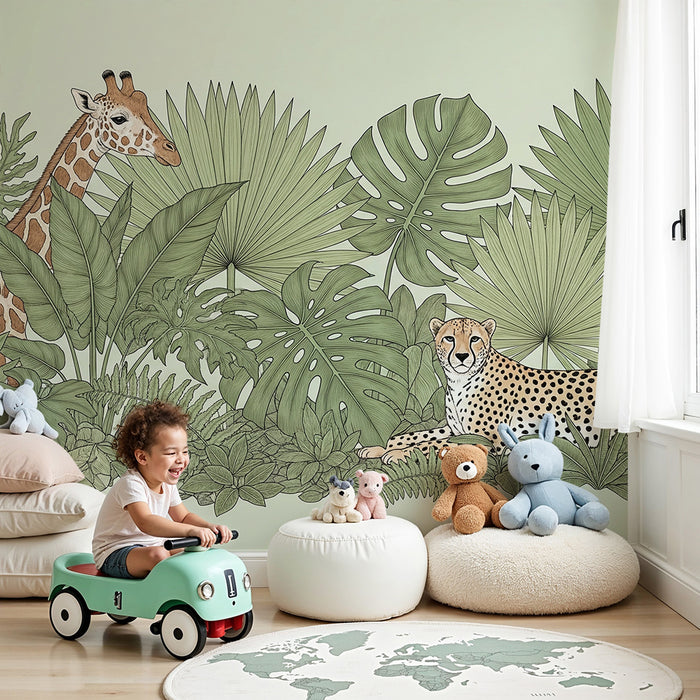 Papel pintado infantil | Safari tropical con animales majestuosos