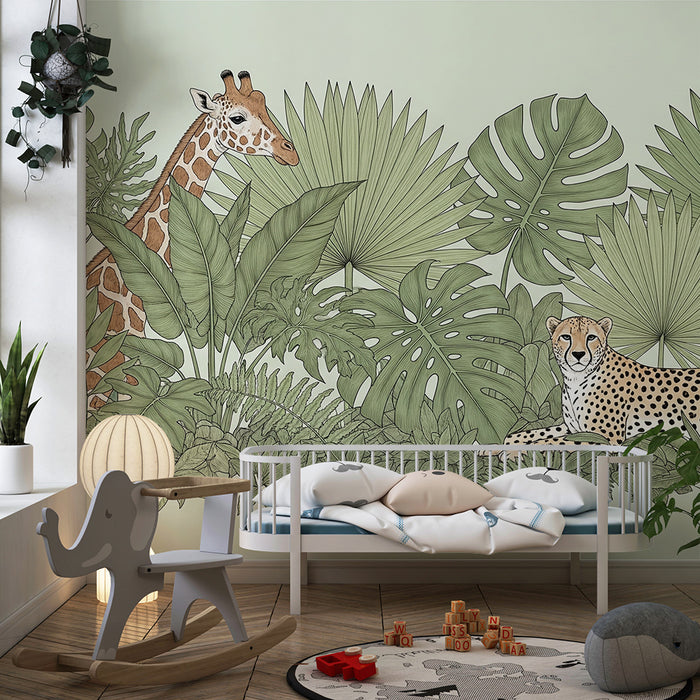 Papel pintado infantil | Safari tropical con animales majestuosos
