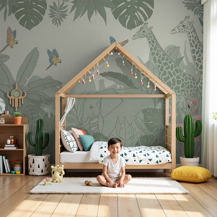 Papel de parede criança | Tropical safari com elefantes e flamingos