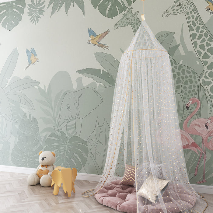 Papel de parede criança | Tropical safari com elefantes e flamingos
