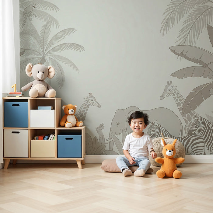 Papier peint chambre enfant | Safari tropical avec éléphants et girafes