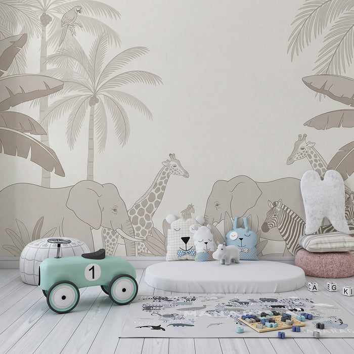 Papier peint chambre enfant | Safari tropical avec éléphants et girafes