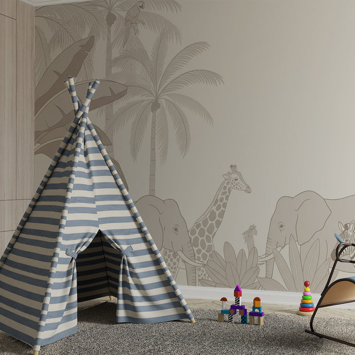 Papier peint chambre enfant | Safari tropical avec éléphants et girafes