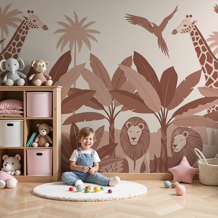 Papel de parede criança | Safari tropical com girafas e leões