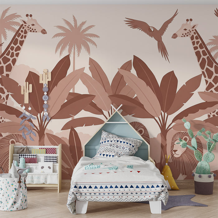 Papel de parede criança | Safari tropical com girafas e leões