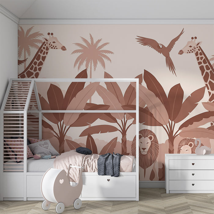 Papel de parede criança | Safari tropical com girafas e leões
