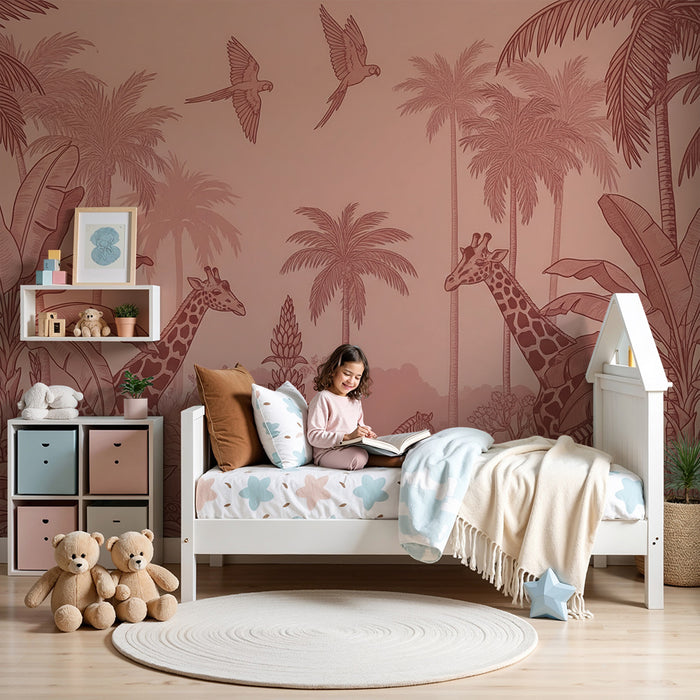 Carta da parati bambini | Safari tropicale con giraffe e zebre