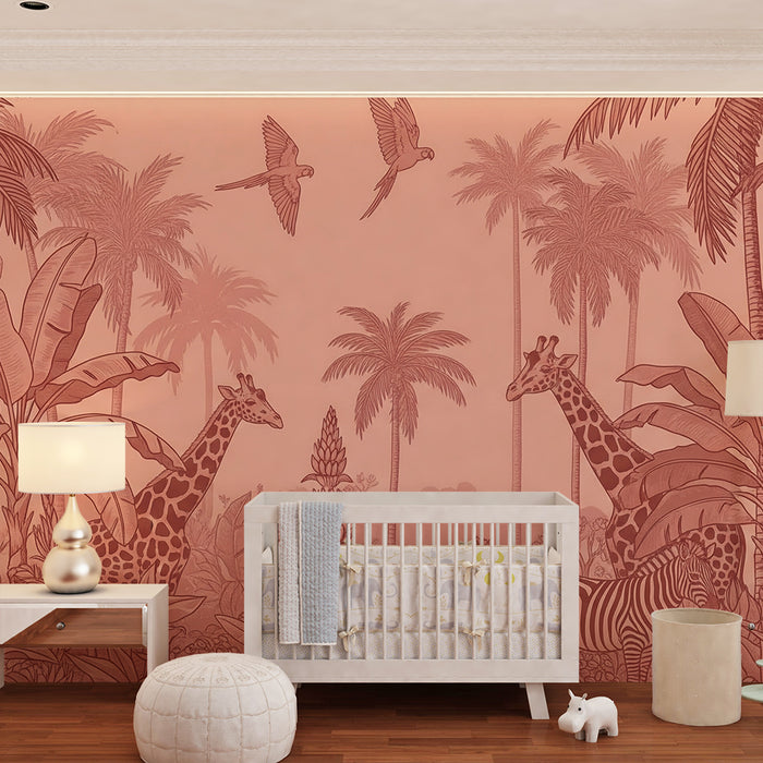 Carta da parati bambini | Safari tropicale con giraffe e zebre