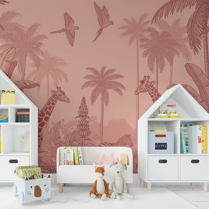 Carta da parati bambini | Safari tropicale con giraffe e zebre