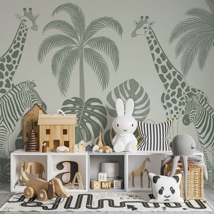 Kinderzimmer Tapete | Tropischer Safari mit Giraffen und Salbeigrünen Zebras