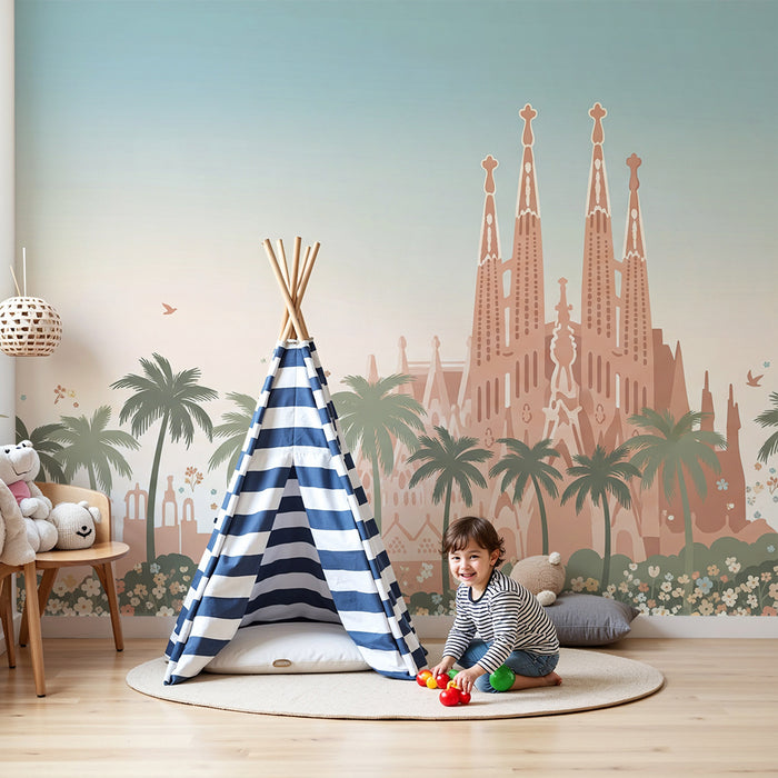 Tapeta do pokoje dítěte | Sagrada Familia obklopená palmami a barevnými květinami