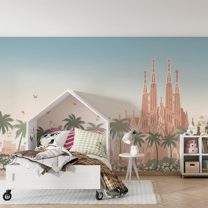 Tapeta do pokoje dítěte | Sagrada Familia obklopená palmami a barevnými květinami