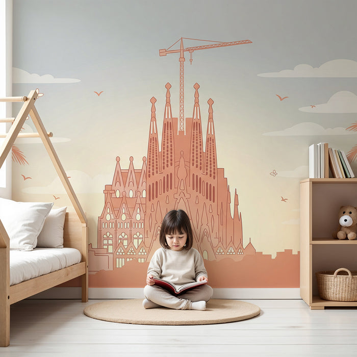 Papier peint chambre enfant | Sagrada Familia et palmiers au coucher de soleil