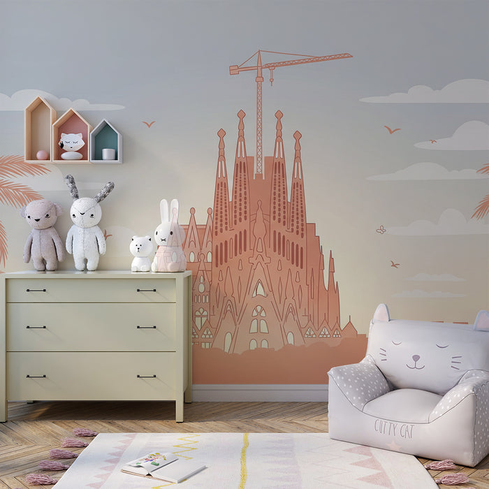 Papier peint chambre enfant | Sagrada Familia et palmiers au coucher de soleil