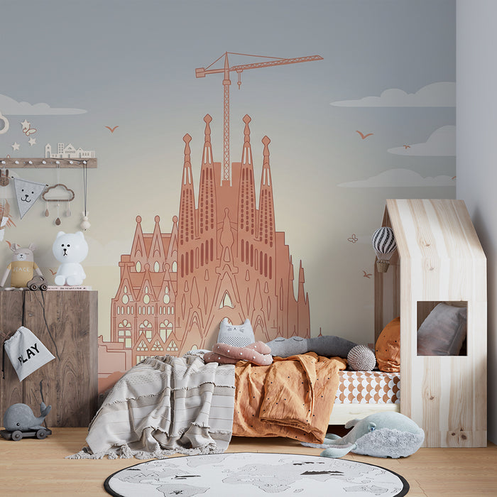 Papier peint chambre enfant | Sagrada Familia et palmiers au coucher de soleil