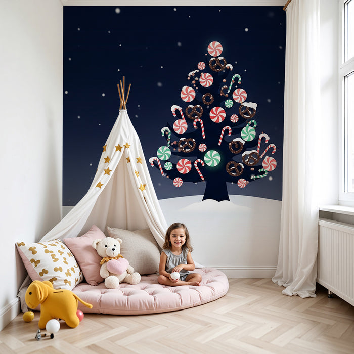 Children's Room Wallpaper | Festive Christmas Tree with Sweets and Snow