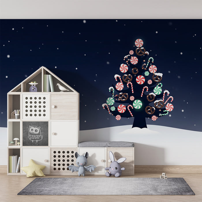 Children's Room Wallpaper | Festive Christmas Tree with Sweets and Snow