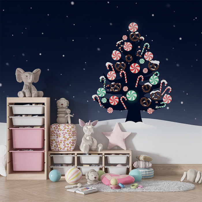 Children's Room Wallpaper | Festive Christmas Tree with Sweets and Snow